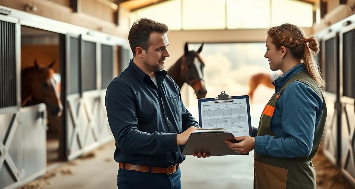 Barn manager organizing staff schedules for barrel racing facility while monitoring horse care and travel coverage needs