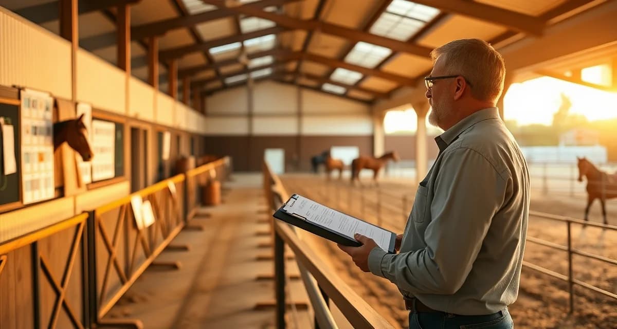 Barrel racing barn manager organizing staff schedules and horse care coordination in professional equestrian facility management.