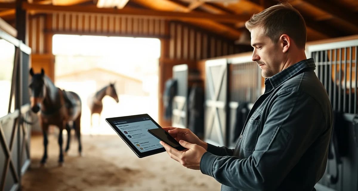 Barn manager communicating barrel racing competition updates to horse owners using specialized farm management software