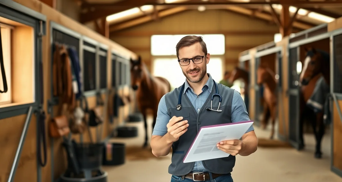 Barrel racing facility manager organizing digital veterinary records and health updates for horse training communications