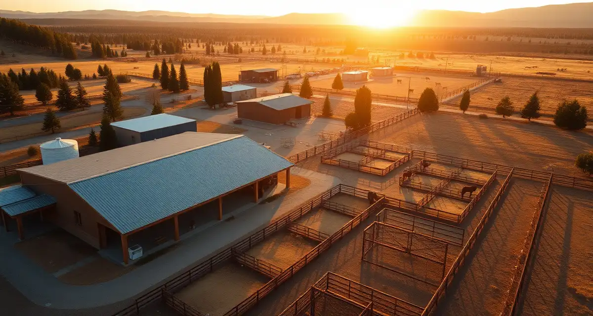 Modern horse barn and pasture facility in Bend Oregon showing professional equestrian property management with organized paddocks and grazing areas