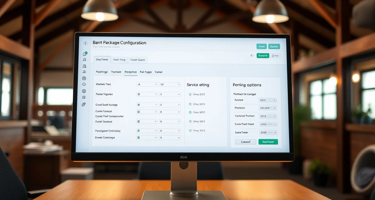 Board package setup configuration screen in barn management software showing pricing tiers and service options for equestrian facilities.