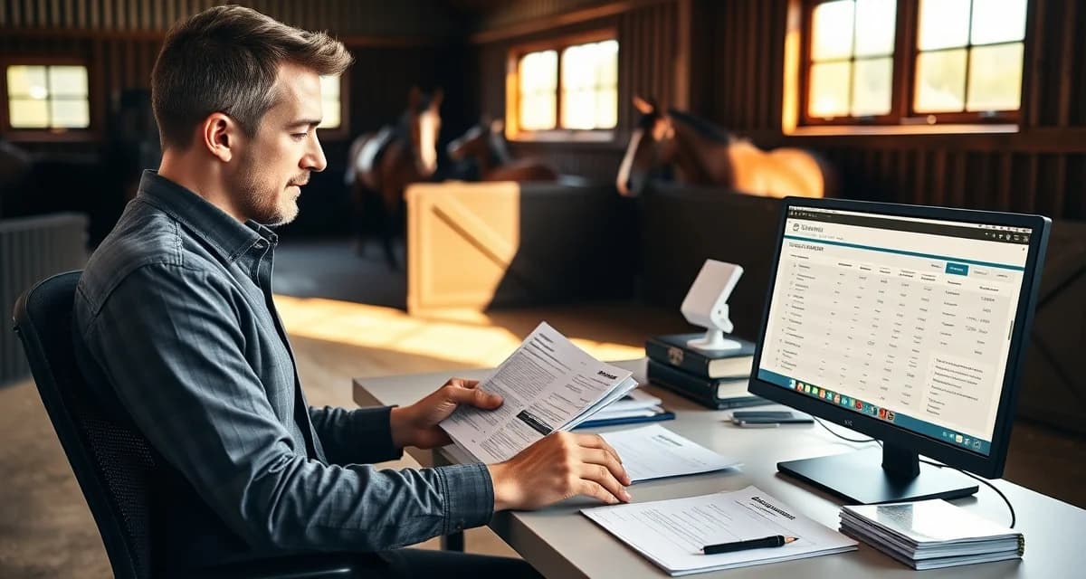 Boarding barn manager organizing invoices and billing documents for boarder payments with clear formatting