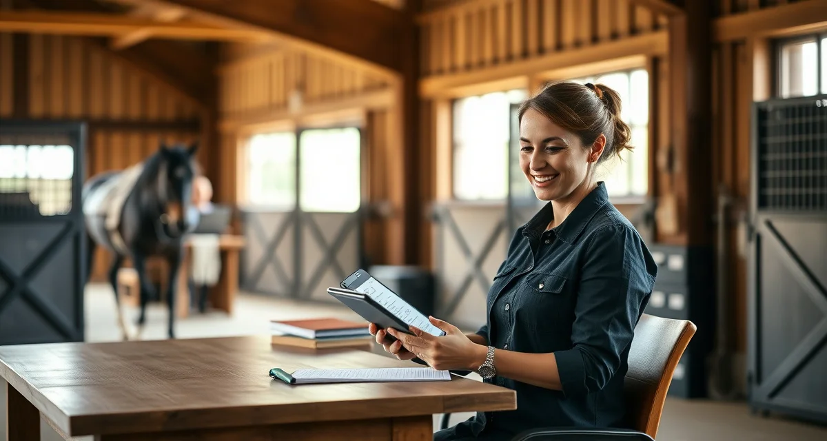 Barn manager reviewing boarder management software on tablet at stable office desk with organized files