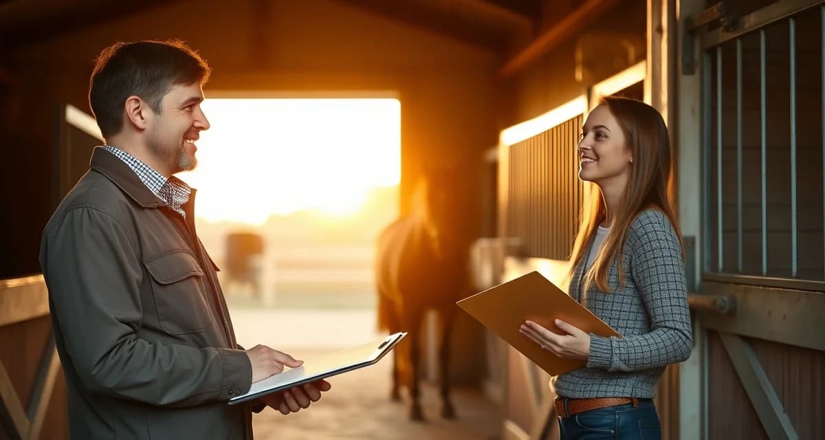 Horse barn manager discussing boarder retention strategies with a facility client near a stable door, representing proactive relationship management.