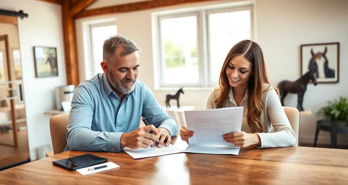 Horse barn owner and boarder reviewing boarding agreement contract together at desk with clear communication and shared understanding.