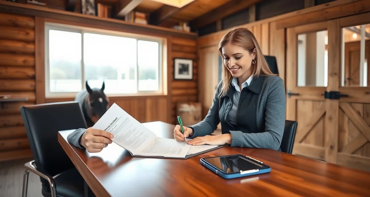 Barn manager reviewing a boarding agreement contract document at desk with equestrian facility paperwork