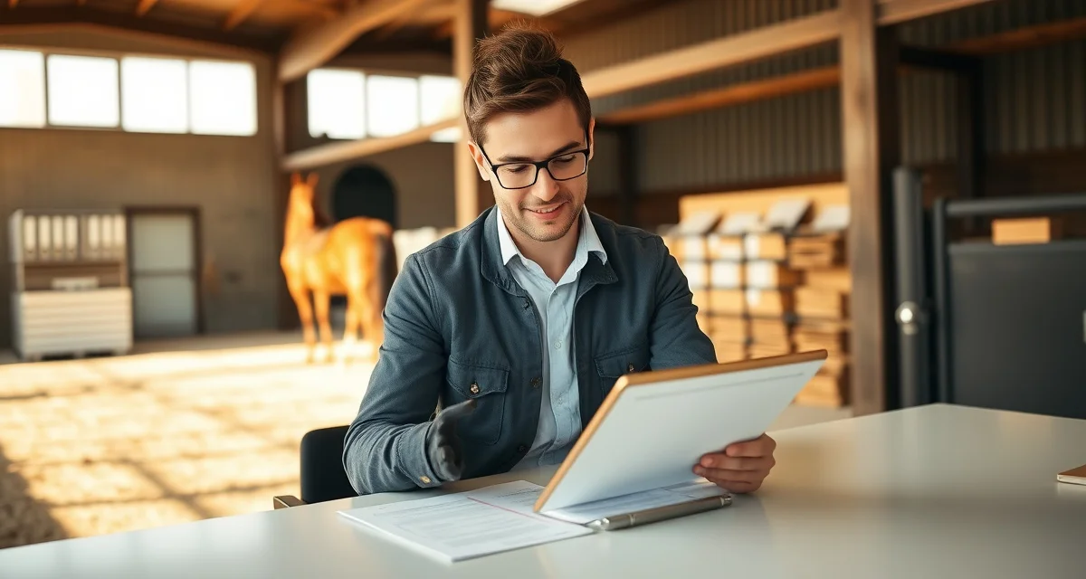 Horse barn manager reviewing a professional boarding agreement document on tablet in stable office setting
