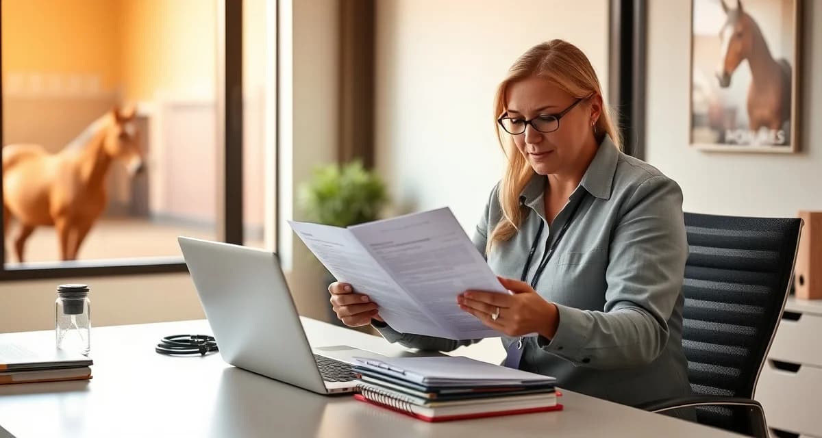 Barn manager reviewing boarding barn cancellation billing policy documents and notice period procedures at desk