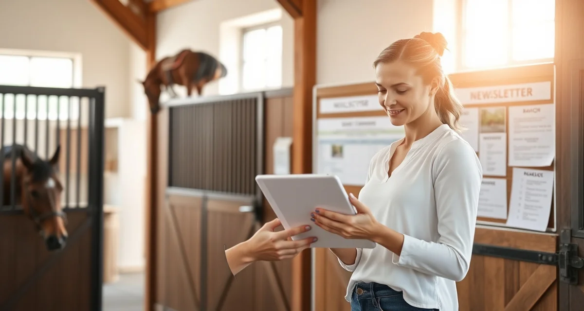 Horse barn owner reviewing digital boarding barn newsletter template on tablet device in stable office