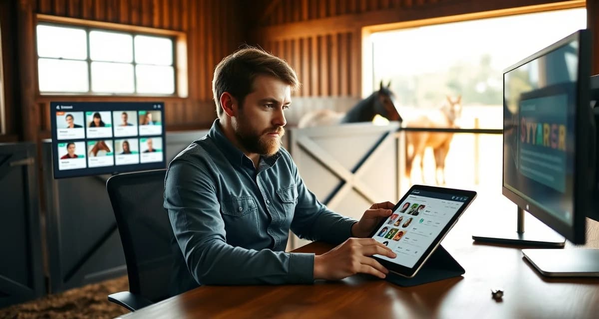 Barn manager using software to communicate with multiple horse owners in a boarding facility, managing client relationships efficiently.