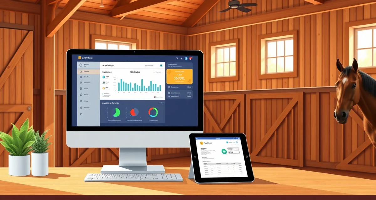 Modern barn office with computer showing boarding barn payment processing dashboard and automated invoice management system
