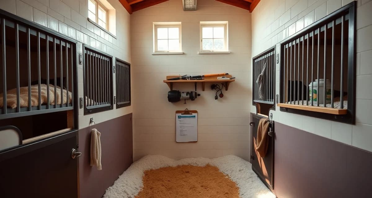 Clean horse stall in boarding barn with fresh bedding and inspection checklist on door for daily stall management