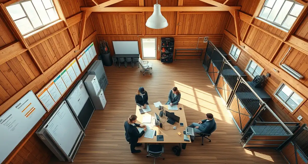 Organized boarding barn interior with staff managing daily task assignments and care protocols for multiple horses