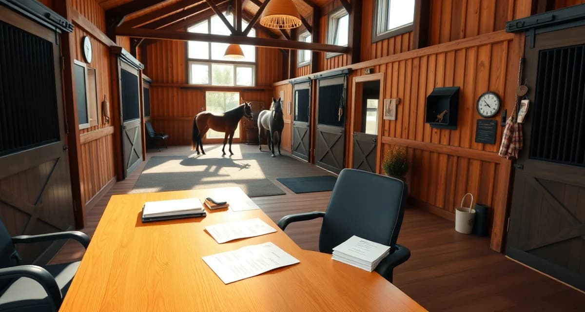 Organized boarding barn welcome packet materials displayed on a wooden desk with warm natural lighting in a professional stable office