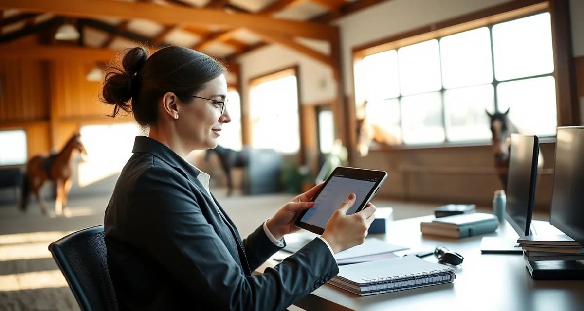 Barn manager using software to manage boarding and lesson scheduling at equestrian facility