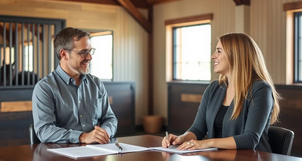 Horse barn owner discussing boarding package terms and communication with boarder to prevent disputes and misunderstandings.
