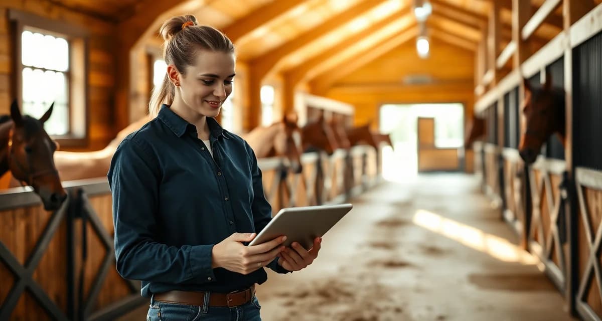 Barn manager using boarding and training barn management software on tablet in modern equestrian facility with organized stalls