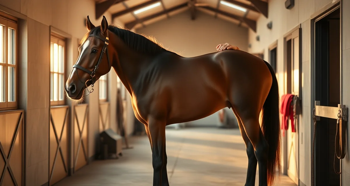 Thoroughbred horse in show condition in a modern barn aisle during breed show preparation operations