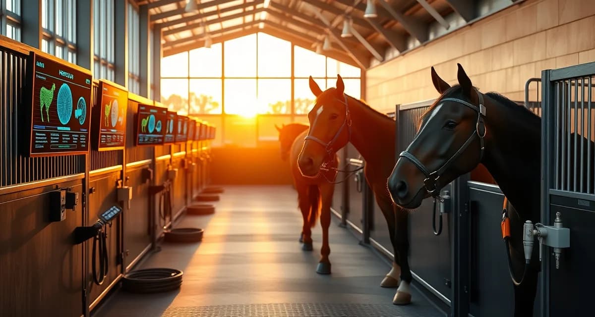 Modern breed show barn with integrated health monitoring system displaying real-time horse wellness data and breed association compliance tracking