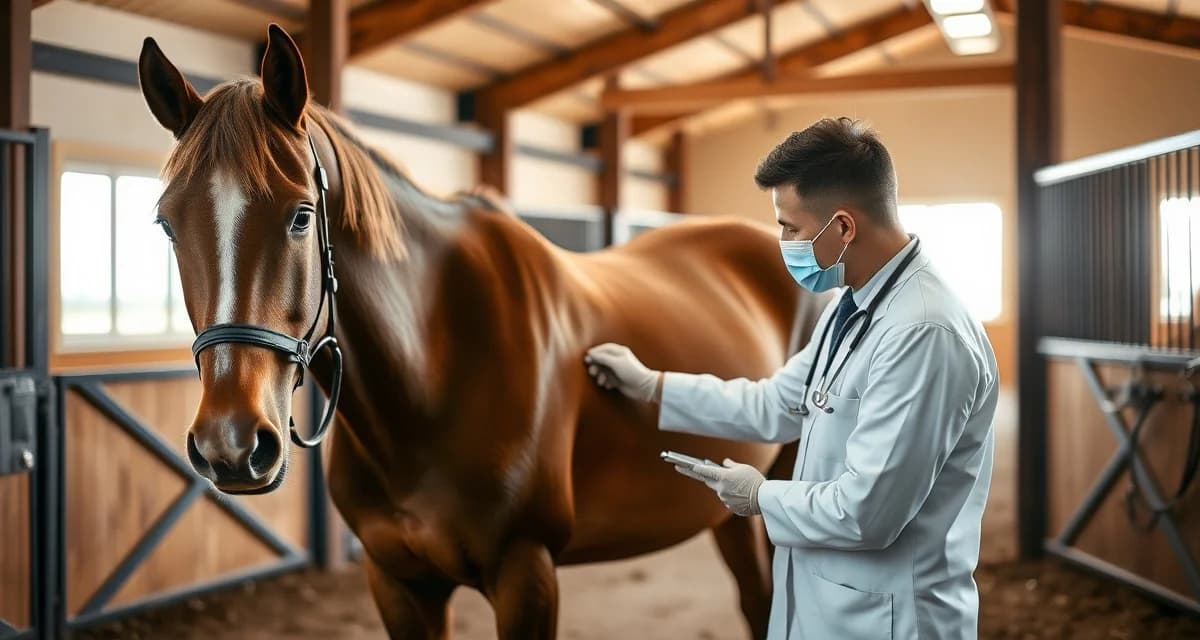 Veterinarian monitoring the health and reproductive status of a breeding mare in a professional equine facility using modern health tracking systems