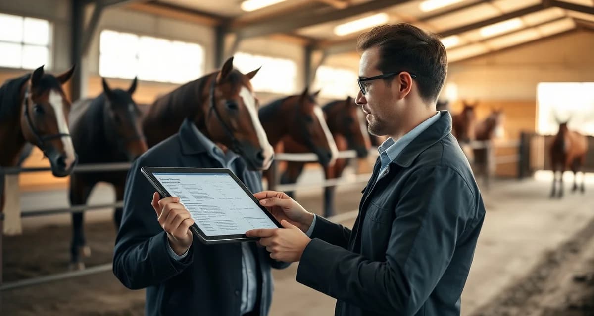 Breeding barn facility manager using BarnBeacon software to track reproductive records and foaling events on tablet in modern equine facility