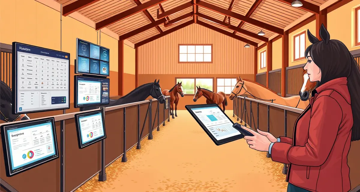 Modern horse breeding facility with digital breeding barn software displayed on screens for managing reproductive records and foaling events