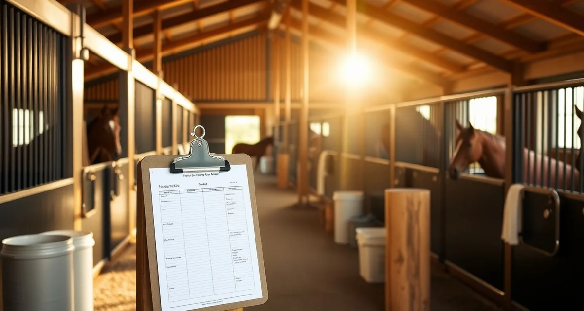 Organized breeding barn operations setup showing stalls, veterinary coordination area, and record management systems for equine facility management.