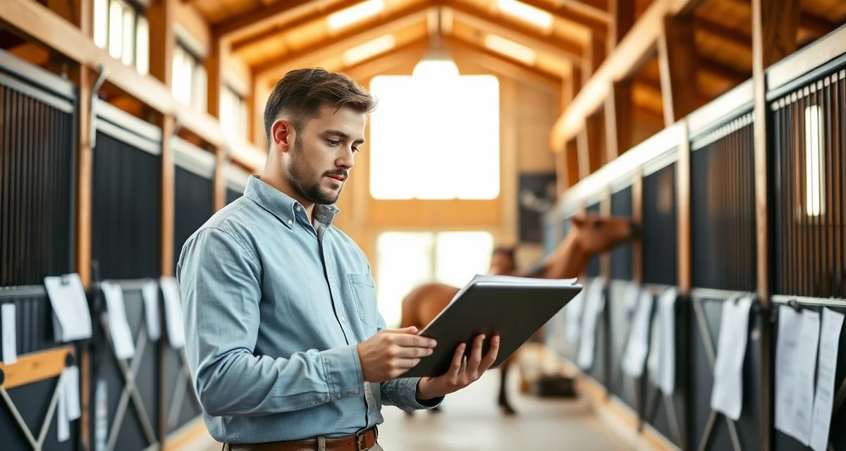 Horse barn manager using software to communicate with mare owners about breeding updates and foal health in a modern stable facility.