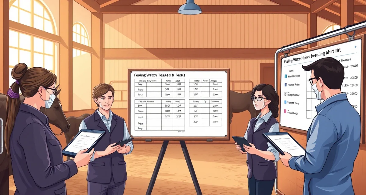 Breeding barn staff managing shift schedules and foaling watch rotations using digital tools for efficient shift management.