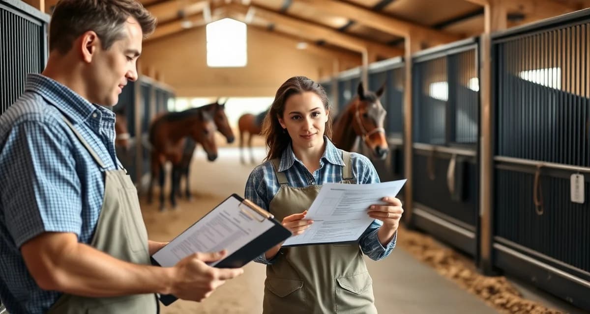 Experienced breeding barn staff collaborating on foaling schedules and mare care management at a professional equine facility