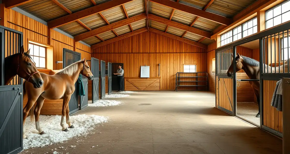 Clean organized breeding barn stalls with proper separation protocols, fresh bedding, and inspection documentation systems.