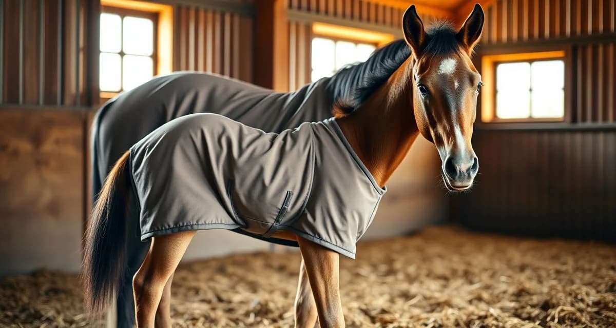 Young foal wearing properly fitted thermal blanket standing beside mare in breeding farm barn during blanketing season management