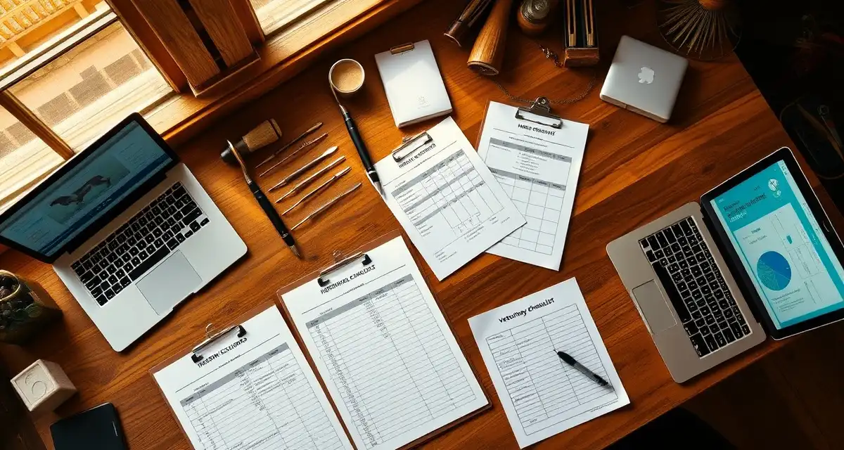 Organized breeding farm records and scheduling documents displayed on a desk with veterinary health protocols and mare management systems