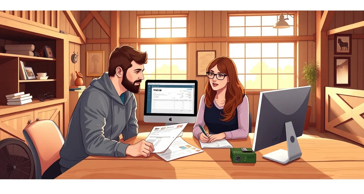 Two horse owners reviewing co-ownership billing documents and payment splits for shared equine care expenses