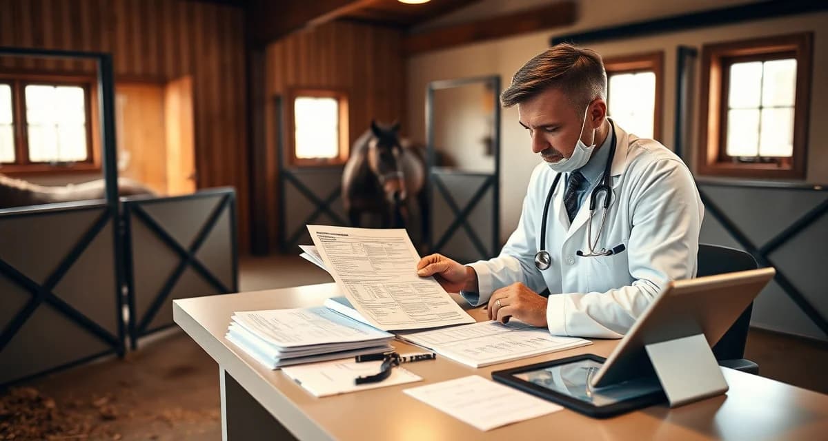 Veterinary professional reviewing horse Coggins test results and health records documentation at a barn facility desk