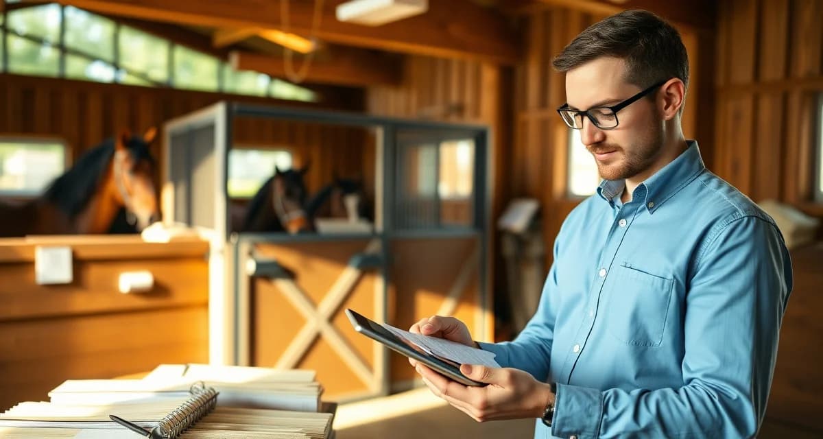 Barn manager using coggins test tracking software to manage horse health documentation and vaccination records