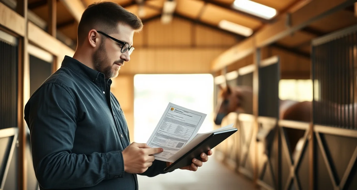 Horse barn manager reviewing Coggins testing records and certificates on digital management software in a professional stable facility.