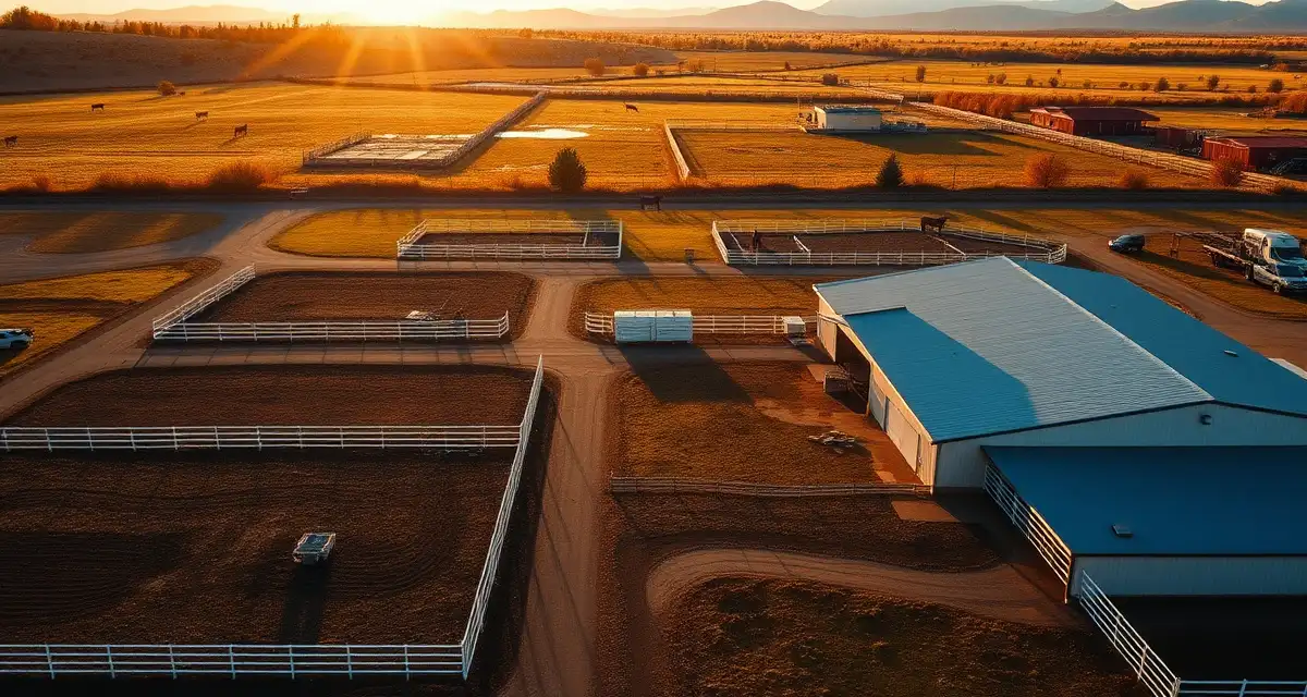 Modern Colorado horse barn facility with organized paddocks and grazing areas, showing professional equine management setup