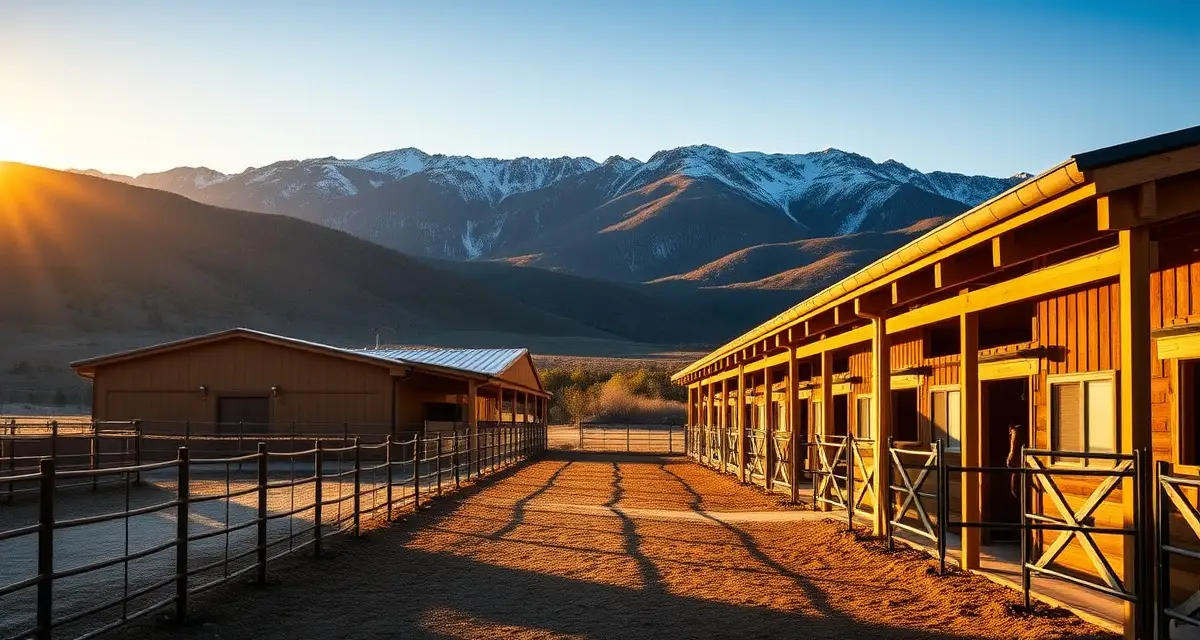 Modern horse barn facility in Colorado Rocky Mountains with professional stable management infrastructure and mountain landscape backdrop.