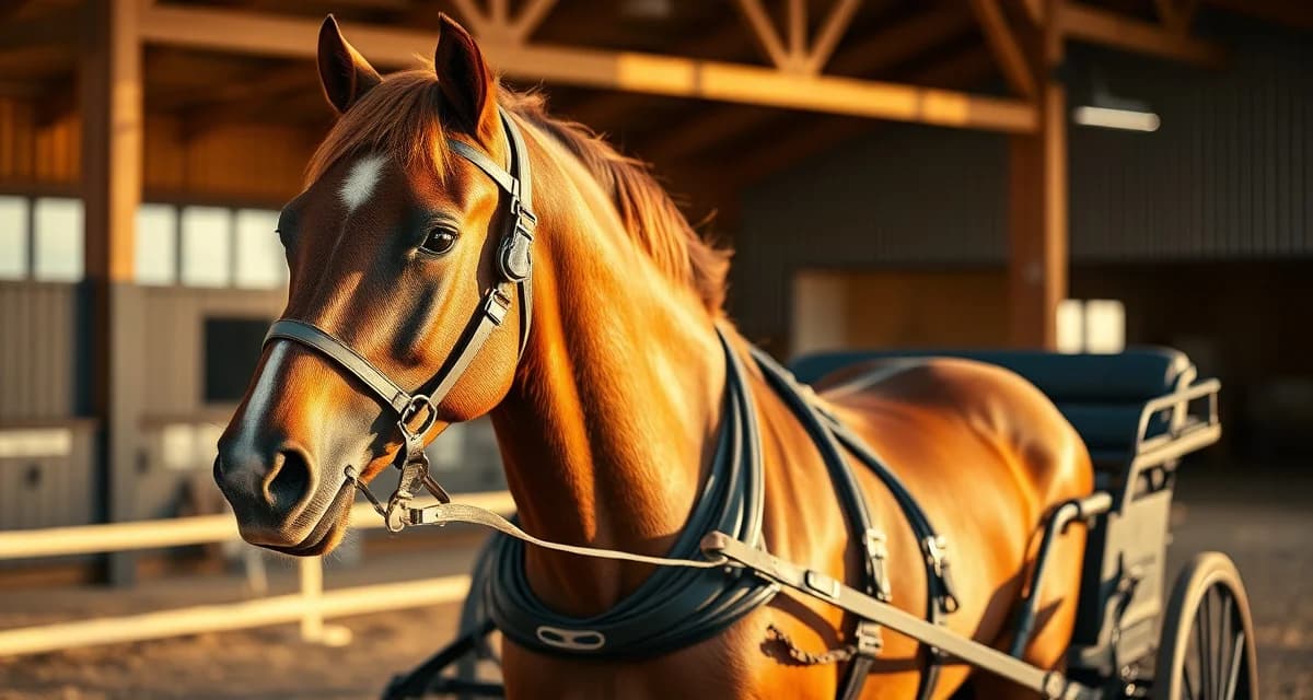 Healthy horse in combined driving carriage harness during training session at equine facility