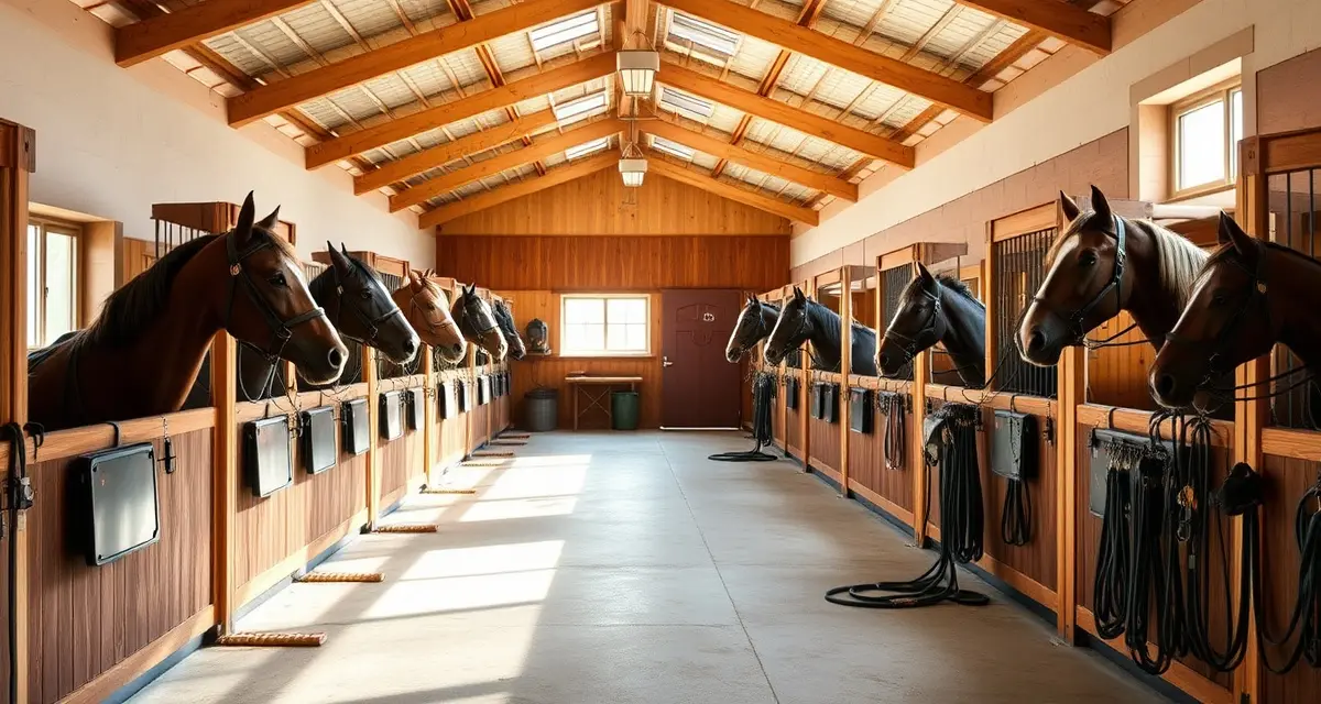 Organized horse barn interior showing driving horses in stalls with harnesses and equipment for combined driving operations management.