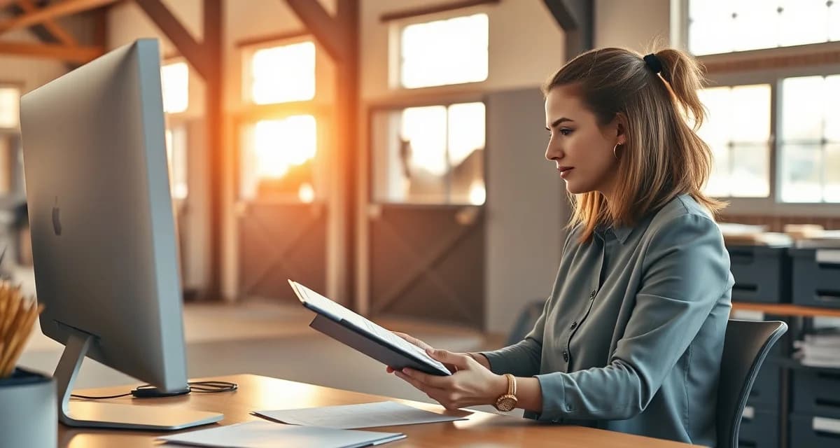 Barn manager reviewing owner billing communication on tablet for combined driving facility management software.