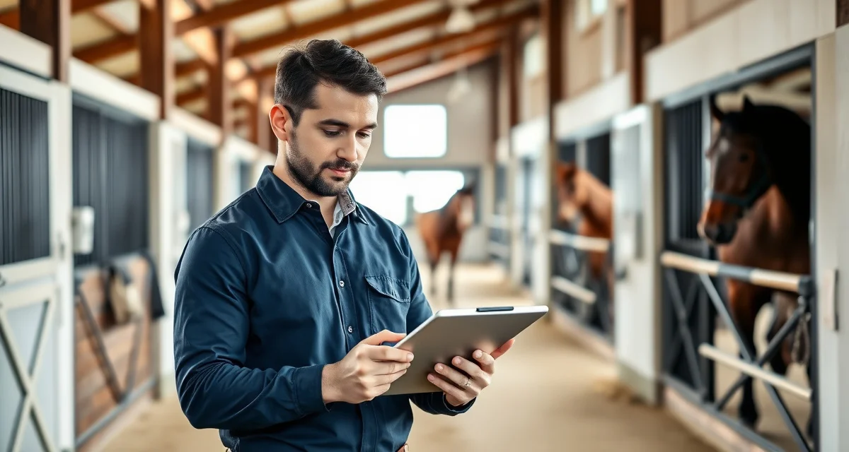 Barn manager using software to manage combined driving horse health updates and owner communications on digital platform
