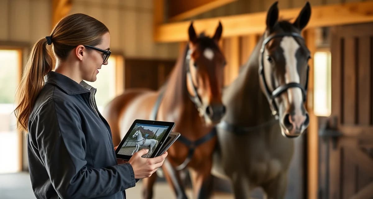 Barn manager sharing combined driving horse photo updates with owner using specialized stable management software on tablet