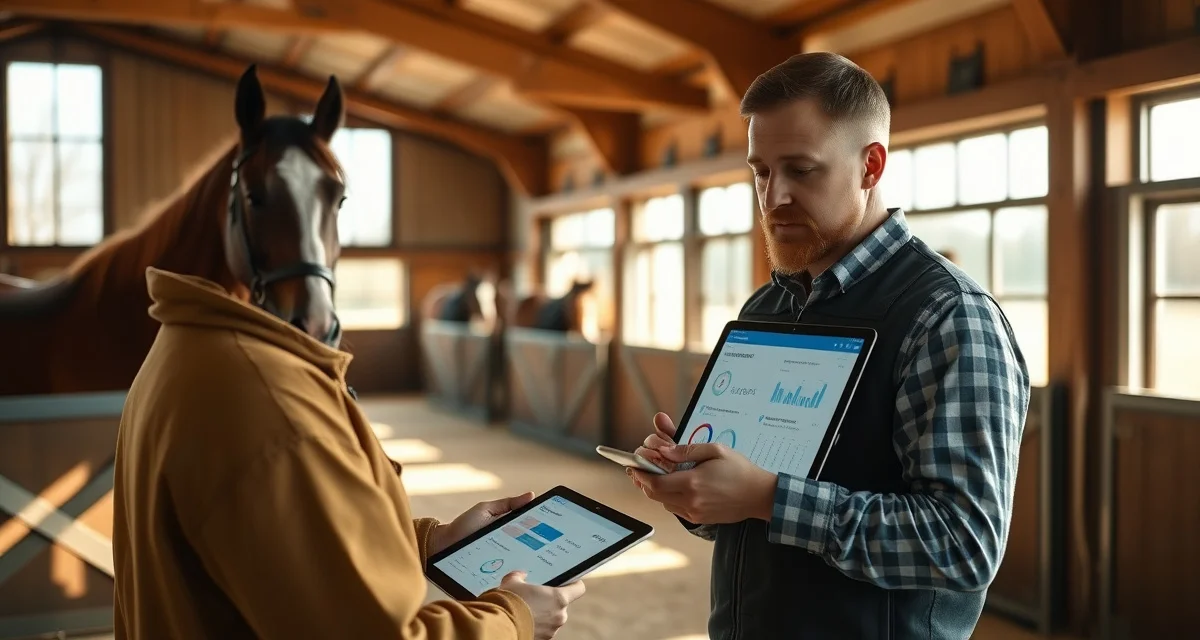 Barn manager tracking combined driving training progress and owner communication metrics on digital dashboard