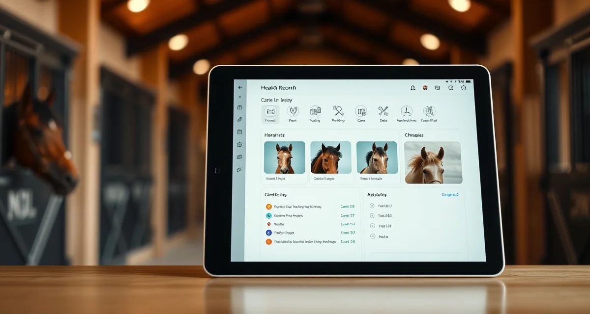 Digital horse profile record interface displaying organized health, care, and owner information in a comprehensive barn management system