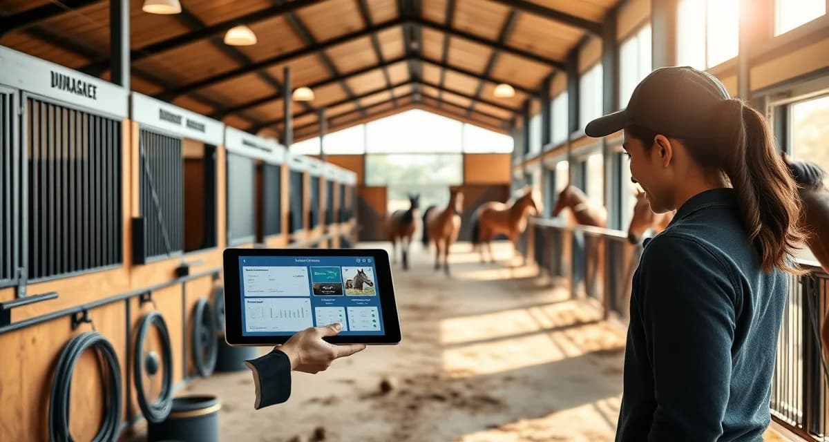 Modern horse barn interior with organized stalls and digital management system displayed on tablet for equestrian facility management