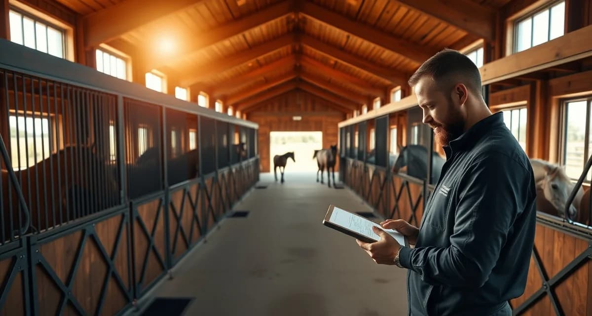Horse barn management software interface displayed on tablet in modern Connecticut equine facility with organized stalls and professional barn operations.