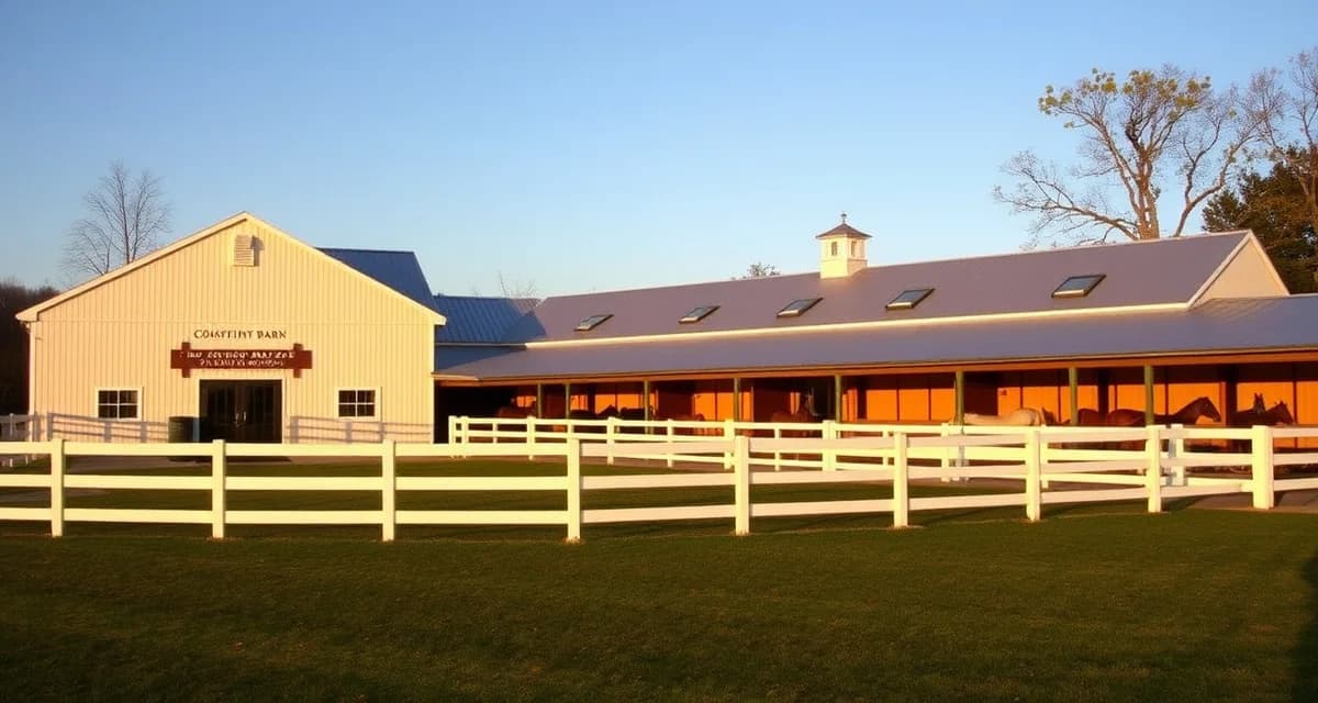Professional horse boarding barn in Connecticut with white fencing, paddocks, and well-maintained facilities for equine management.